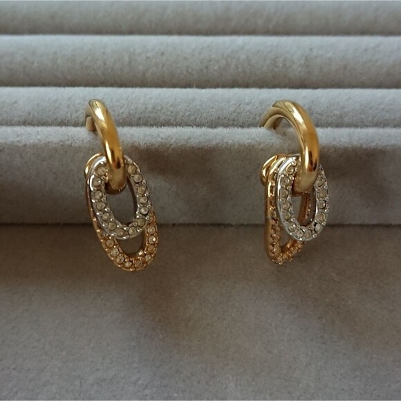 SWAROVSKI Gold Tone Crystals Double Oval Dangle pierced Earrings - Picture 5 of 8